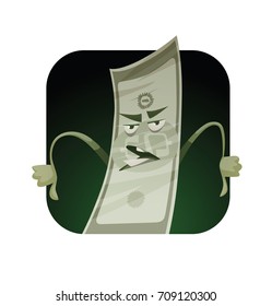 Vector dark green square frame with cartoon image of a funny green banknote with arms and legs standing and showing thumbs down on a white background. Money, finance, business, currency, dollar.