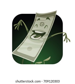 Vector dark green square frame with cartoon image of a funny green banknote with arms and legs happily jumping and smiling on a white background. Money, finance, business, currency, dollar. 