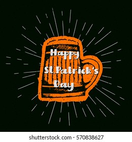 vector dark green st. Patrick`s Day background with hand drawn text and a glass of beer with rays