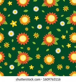 Vector dark green textured sunflowers pen sketch repeat pattern. Suitable for textile, gift wrap and wallpaper.
