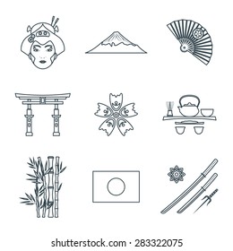 vector dark grey color outline monochrome japanese national theme icons white background
