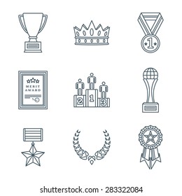 vector dark grey color outline various rewards prize sign icons set white background