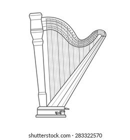 vector dark grey monochrome contour classical orchestral pedal harp on white background 
