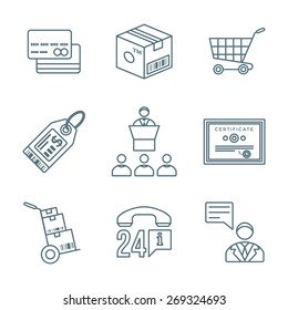 vector dark grey outline business distribution marketing process icons set white background 