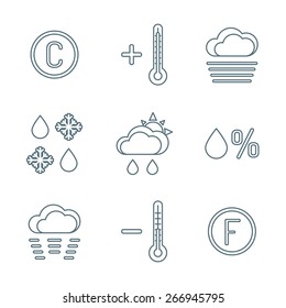 vector dark grey outline weather forecast icons set white background
