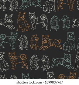 Vector gris oscuro shiba u perros dibuja un patrón de fondo sin fisuras. Adecuado para envolver, papel textil y tapicería.