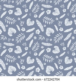 Vector dark grey tropical summer hawaiian seamless pattern with tropical plants, leaves, and hibiscus flowers on white background. Great for vacation themed fabric, wallpaper, packaging.