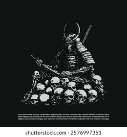 Vector dark grunge art, Samurai skeleton sitting on a piece of human skull with katana sword in his hand on black background