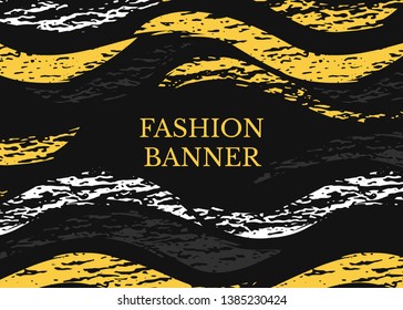 Vector dark grunge banner. Abstract horizontal shapes with texture. Urban art style. Trendy background in bright yellow color on black background