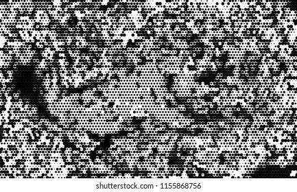 Vector Dark Grunge Black And White Abstract Monochrome Circles Background with Halftone Texture.  Modern Urban Pop Art Design For Poster, Cover, Banner, Sport Bill, Mockup or Business Card