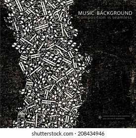 Vector dark grunge seamless music background, canvas texture with vertical band of musical notes and treble clefs. 