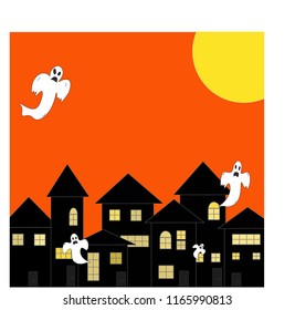 Vector - Dark haunted house and white ghosts on orange background and big moon. Free space. Can be use decorate for brochure, banner, invitation card, advertising. Halloween season.