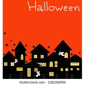 Vector - Dark haunted house and white ghosts on orange background. Word Halloween. Free space. Can be use decorate for brochure, banner, invitation card, advertising.