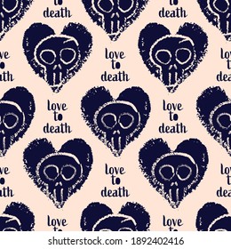 Vector dark hearts skulls white seamless pattern