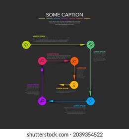 Plantilla de diagrama de esquema de infografía del ciclo espiral oscuro vectorial a partir de punteros de flecha de círculo con iconos y algunos textos de descripción. Plantilla infográfica con fondo negro