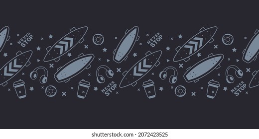 Vector Dark Horizontal Illustration of Board, Coffee and Headphones. Skateboarding Seamless Pattern with Cartoon Skateboard and Donut. Line Art Style Skate on Color Background with Light Element
