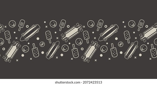 Vector Dark Horizontal Illustration of Textured Board, Smile and Ice Cream. Skateboarding Seamless Pattern with Cartoon Skateboard. Line Art Style Skate on Color Background for T-shirt and Paper Print