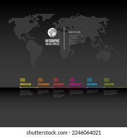 Vector dark horizontal progress timeline template with six years milestones with descriptions. Dark colorful timeline with color headlines on folded paper