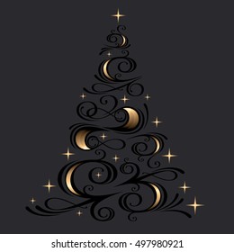 Vector dark illustration of black Christmas tree with shiny golden stars and details