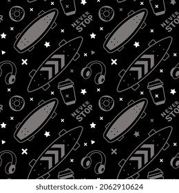 Vector Dark Illustration of Board, Coffee and Headphones. Skateboarding Seamless Pattern with Cartoon Skateboard and Donut. Line Art Style Skate on Black Color Background with White Element