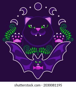 Vector dark illustration for Halloween. Set of separate cartoon images - cute cat face, paws, bat with candy, moon, night, fern. On a dark blue-purple background. Suitable for prints, sketch design pr