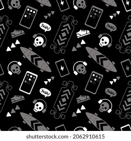 Vector Dark Illustration of Textured Board, Phone and Skull in Headphones. Skateboarding Seamless Pattern with Cartoon Skateboard. Line Art Style Skate on Black Color Background with White Element