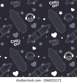 Vector Dark Illustration of Textured Penny Board and Smile in Headphones. Skateboarding Seamless Pattern with Cartoon Skateboard. Line Art Style Skate on Black Color Background for T-shirt and Print