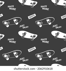 Vector Dark Illustration Of Wide Long Board And Phrase. Skateboarding Seamless Pattern With Cartoon Skateboard. Line Art Style Skate On Black Color Background For T-shirt And Paper Print