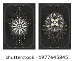 Vector dark illustrations with sacred geometry symbols, grunge textures and frames. Images in black, white and gold.