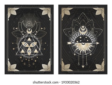 Vector dark illustrations with sacred geometry symbols, grunge textures and frames. Images in black, white and gold.