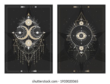 Vector dark illustrations with sacred geometry symbols, grunge textures and frames. Images in black, white and gold.