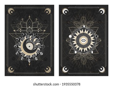 Vector dark illustrations with sacred geometry symbols, grunge textures and frames. Images in black, white and gold.