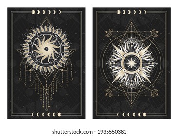 Vector dark illustrations with sacred geometry symbols, grunge textures and frames. Images in black, white and gold.