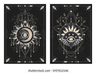 Vector dark illustrations with sacred geometry symbols, grunge textures and frames. Images in black, white and gold.