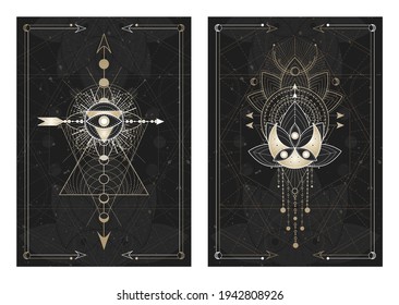 Vector dark illustrations with sacred geometry symbols, grunge textures and frames. Images in black, white and gold.