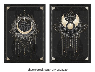 Vector dark illustrations with sacred geometry symbols, grunge textures and frames. Images in black, white and gold.