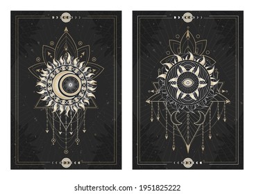 Vector dark illustrations with sacred geometry symbols, grunge textures and frames. Images in black, white and gold.