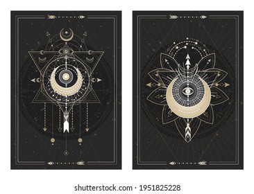 Vector dark illustrations with sacred geometry symbols, grunge textures and frames. Images in black, white and gold.