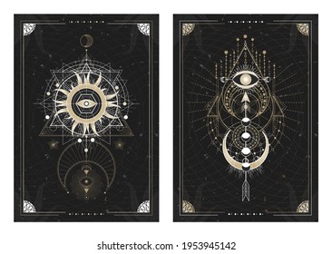 Vector dark illustrations with sacred geometry symbols, grunge textures and frames. Images in black, white and gold.