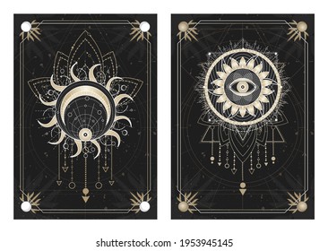 Vector dark illustrations with sacred geometry symbols, grunge textures and frames. Images in black, white and gold.