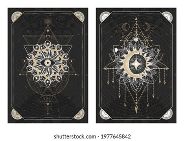 Vector dark illustrations with sacred geometry symbols, grunge textures and frames. Images in black, white and gold.