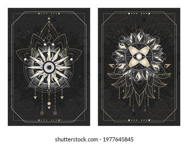 Vector dark illustrations with sacred geometry symbols, grunge textures and frames. Images in black, white and gold.