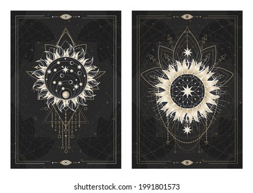 Vector dark illustrations with sacred geometry symbols, grunge textures and frames. Images in black, white and gold.