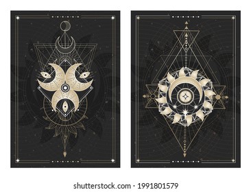 Vector dark illustrations with sacred geometry symbols, grunge textures and frames. Images in black, white and gold.