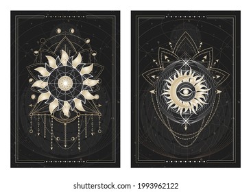 Vector dark illustrations with sacred geometry symbols, grunge textures and frames. Images in black, white and gold.