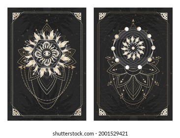 Vector dark illustrations with sacred geometry symbols, grunge textures and frames. Images in black, white and gold.