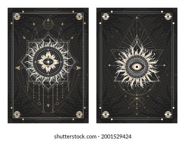 Vector dark illustrations with sacred geometry symbols, grunge textures and frames. Images in black, white and gold.