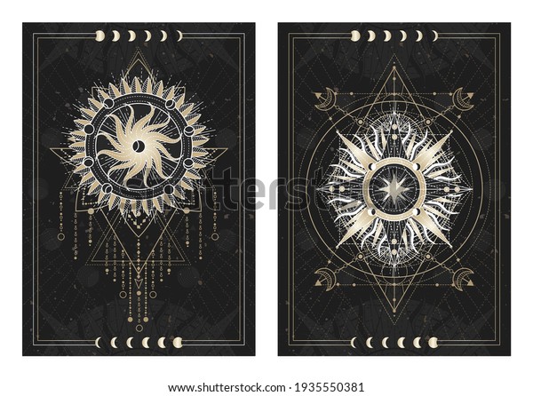 Vector dark
illustrations with sacred geometry symbols, grunge textures and
frames. Images in black, white and
gold.
