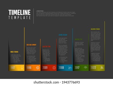 Vector Dark Infographic Company Milestones Colorful Timeline Template made from pages corners with color border and icons. Colorful time line with years 