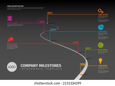 Vector Dark Infographic Company Milestones Timeline Template with pointers on a curved road line pointing on the side of the infochart where is short description title and icon